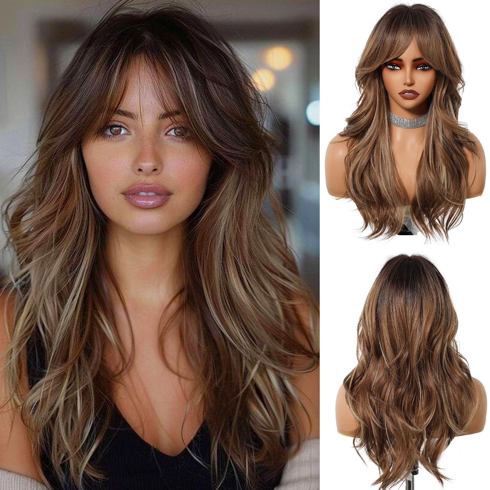 Long Ombre Mixed Brown Wig Natural Wavy Heat Resistant 